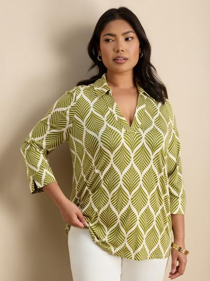 Live Unlimited Leaf Stripe Collared Blouse, Green, Green