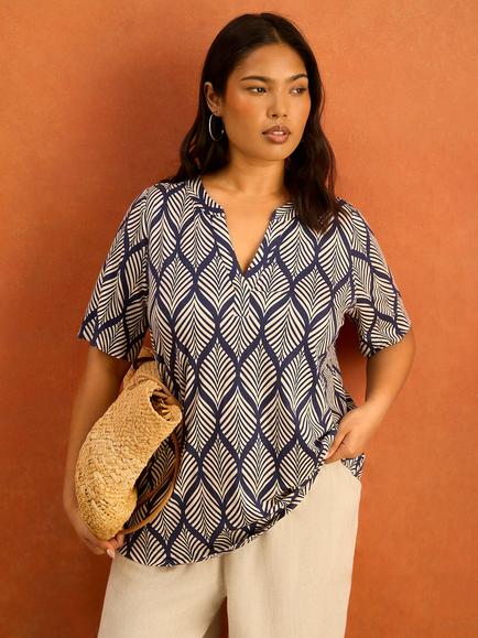 Live Unlimited Geo Print Short Sleeve Blouse, Blue, Blue