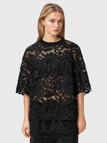AllSaints Amelie Floral Lace T-Shirt, Black, Black