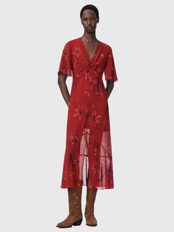 AllSaints Mollie Floral Midi Dress, Petra Deep Red, Petra Deep Red