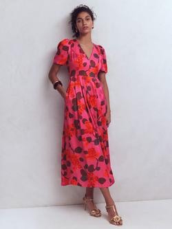 Boden Pleated V-Neck Midi Dress containing LENZING™ ECOVERO™ Viscose, Pink Blossom, Pink Blossom
