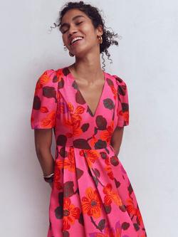 Boden Pleated V-Neck Midi Dress containing LENZING™ ECOVERO™ Viscose, Pink Blossom - view 2, Pink Blossom