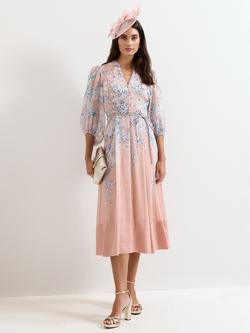 Phase Eight Petite Alison Linen Blend Floral Midi Dress, Pale Pink, Pale Pink