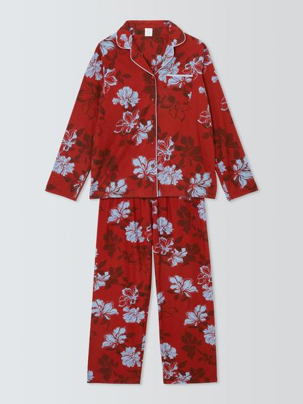 John Lewis Long Sleeve Floral Print Pyjama Set, Red, Red
