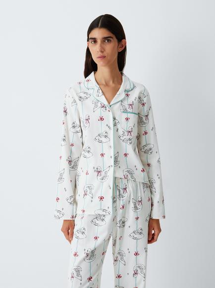 John Lewis Long Sleeve Swan Print Pyjama Set, Ivory, Ivory