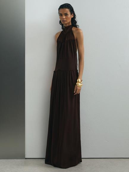 Reiss Luna Halterneck Chiffon Maxi Dress, Chocolate, Chocolate