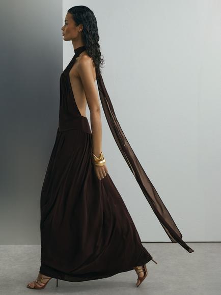 Reiss Luna Halterneck Chiffon Maxi Dress, Chocolate - view 2, Chocolate