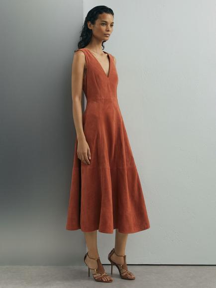 Reiss Nola V-Neck A-Line Midi Dress, Rust, Rust