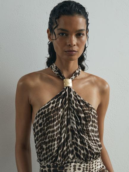 Reiss Floras Animal Print Halter Neck Jumpsuit, Brown/Multi - view 2, Brown/Multi