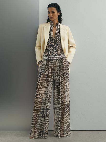 Reiss Aurelie Animal Print Tailored Mid Rise Wide Leg Culottes, Chocolate, Chocolate