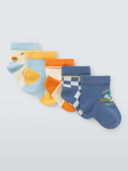 John Lewis Baby Organic Cotton Rich Hello World Ankle Sock, Pack of 5, Multi, Multi