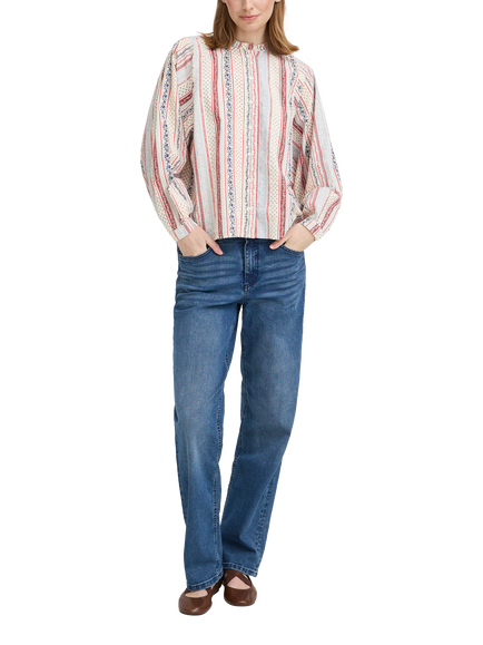 ICHI Ihqwina Floral Stripe Long Sleeve Cotton Shirt, Teaberry, Teaberry