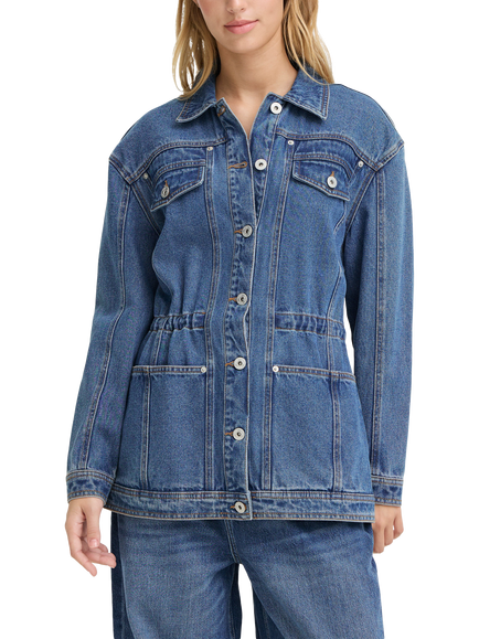 ICHI Ihmianna Longline Denim Jacket, Washed Med Blue, Washed Med. Blue