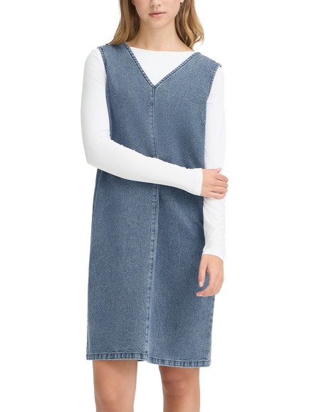 ICHI V-Neck Denim Shift Dress, Mid Blue, Mid Blue