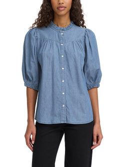 ICHI Ancey Ruffle Neck Denim Shirt, Mid Blue, Mid Blue