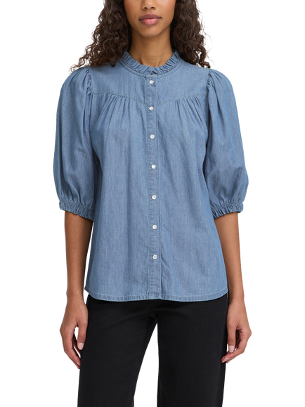 ICHI Ancey Ruffle Neck Denim Shirt, Mid Blue, Mid Blue