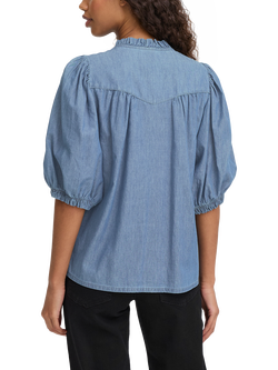 ICHI Ancey Ruffle Neck Denim Shirt, Mid Blue - view 2, Mid Blue