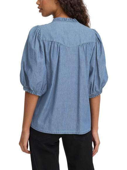 ICHI Ancey Ruffle Neck Denim Shirt, Mid Blue - view 2, Mid Blue