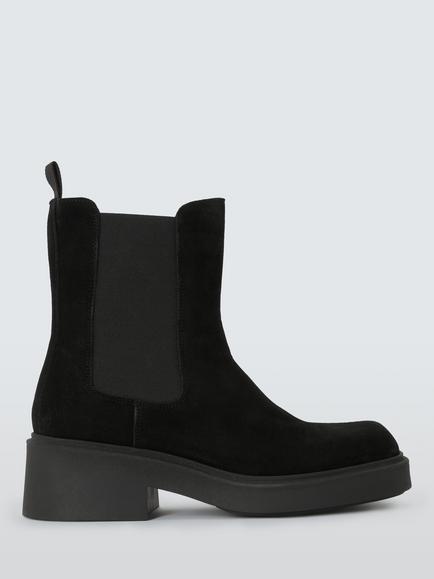 John Lewis Phoenix Suede Square Toe Block Heel Chelsea Boots, Black, Black