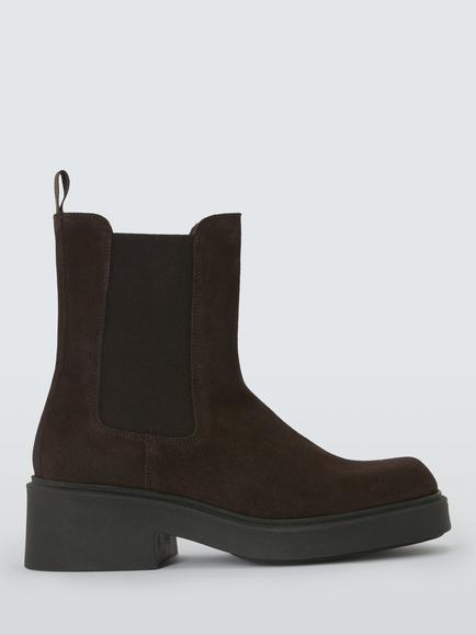 John Lewis Phoenix Suede Square Toe Block Heel Chelsea Boots, Chocolate, Chocolate