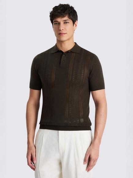 Moss Pointelle Textured Polo Shirt, Brown