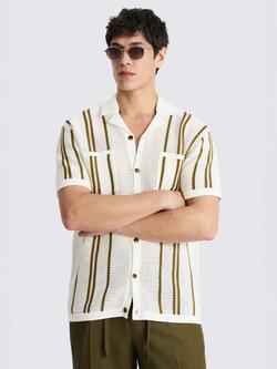 Moss Cotton Regular Fit Stripe Open Knit Shirt, Ecru/Avocado, Ecru/Avocado
