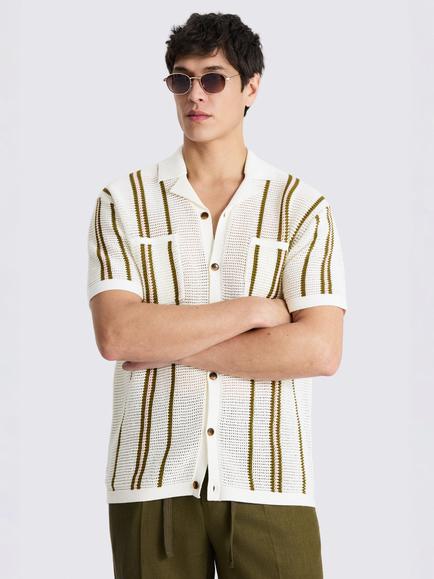 Moss Open Knit Stripe Button Through Short Sleeve Cotton Shirt, Ecru/Avocado, Ecru/Avocado