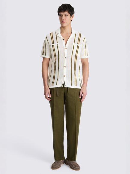 Moss Open Knit Stripe Button Through Short Sleeve Cotton Shirt, Ecru/Avocado - view 2, Ecru/Avocado