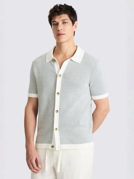 Moss Two Tone Knitted Button Through Short Sleeve Cotton Shirt, Emerald/White, Emerald/White