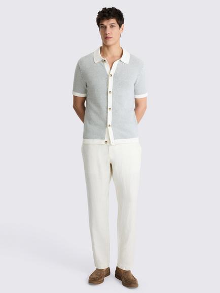 Moss Two Tone Knitted Button Through Short Sleeve Cotton Shirt, Emerald/White - view 2, Emerald/White