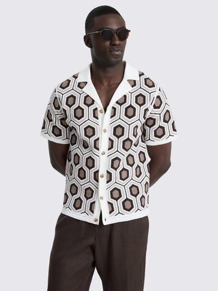 Moss Geometric Crochet Cuban Collar Cotton Shirt, Multi, Multi