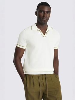 Moss Short Sleeve Contrast Placket Cotton Skipper Polo Shirt, Off White/Avocado