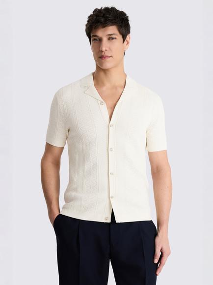 Moss Pointelle Cuban Collar Button Through Short Sleeve Shirt, Off-white, Off-white
