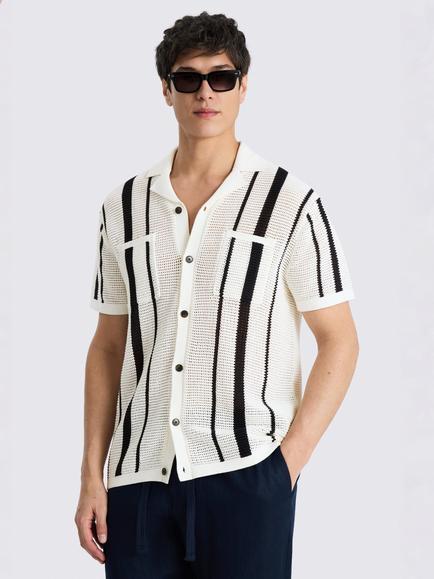 Moss Open Knit Stripe Button Through Short Sleeve Cotton Shirt, White/Navy, White/Navy