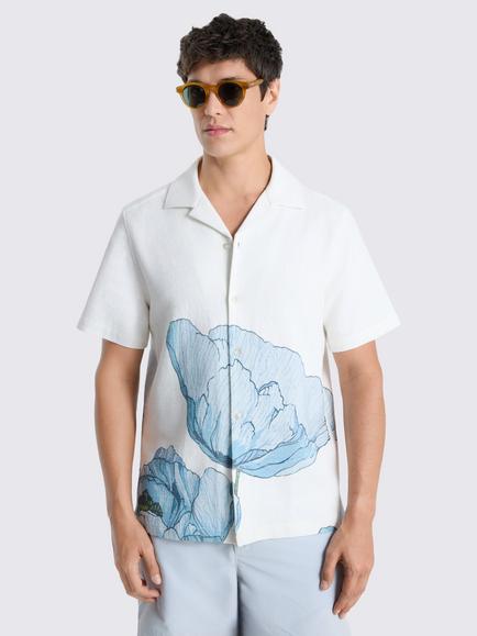 Moss Poppy Print Cuban Collar Button Through Short Sleeve Cotton Shirt, White/Blue, White/Blue