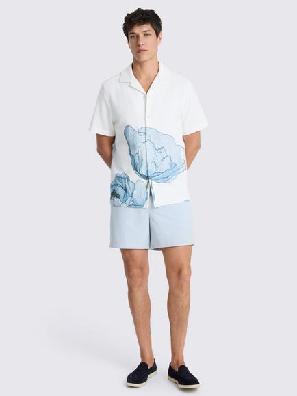 Moss Poppy Print Cuban Collar Button Through Short Sleeve Cotton Shirt, White/Blue - view 2, White/Blue