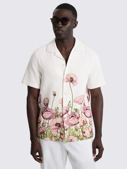 Moss Cotton Regular Fit Poppy Print Cuban Shirt, White/Multi, White/Multi
