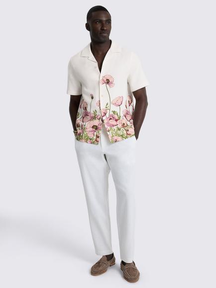 Moss Poppy Print Cuban Collar Button Through Short Sleeve Cotton Shirt, White/Multi - view 2, White/Multi