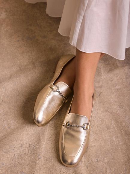 Mint Velvet Camille Leather Snaffle Trim Loafers, Gold - view 2, Gold
