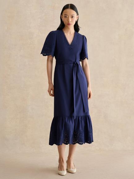 Hobbs Meghan Tiered Broderie Detail Dress, True Navy, True Navy
