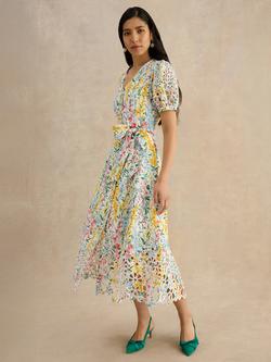 Hobbs Petite Christie Floral Broderie Anglaise Linen Blend Dress, White/Multi, White/Multi