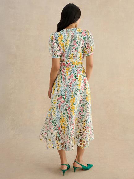Hobbs Petite Christie Floral Broderie Anglaise Linen Blend Dress, White/Multi - view 2, White/Multi
