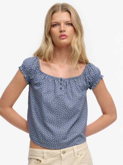 Superdry Short Sleeve Half Button Woven Top, Blue
