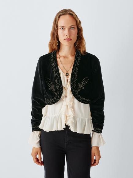John Lewis x RIXO Cliona Embroidered Cropped Velvet Jacket, Black, Black