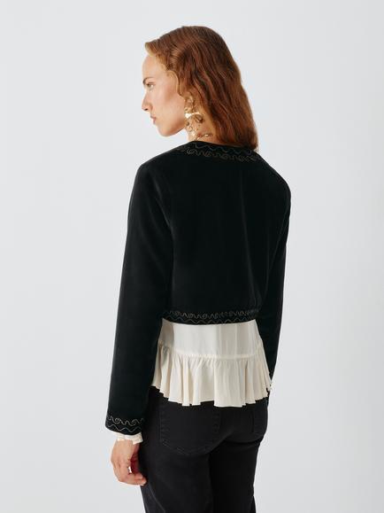 John Lewis x RIXO Cliona Embroidered Cropped Velvet Jacket, Black - view 2, Black
