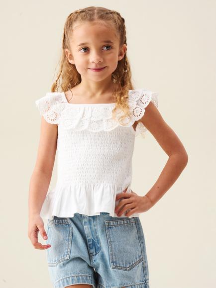 Angel & Rocket Kids' Jess Broderie Frill Vest Top, White