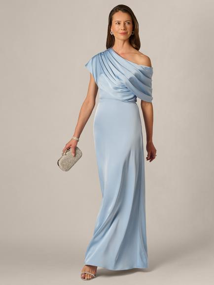 Adrianna Papell Asymmetric Satin Maxi Dress, Elegant Sky, Elegant Sky