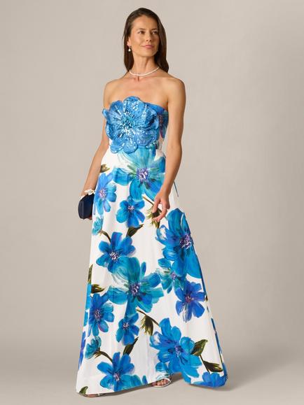 Adrianna Papell Beaded Dupioni Evening Dress, Ivory/Blue, Ivory/Blue