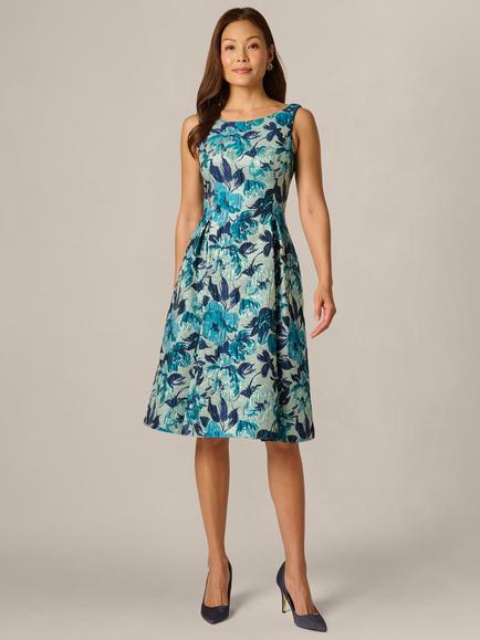 Adrianna Papell Metallic Floral Jacquard Sleeveless Midi Dress, Blue/Multi, Blue/Multi