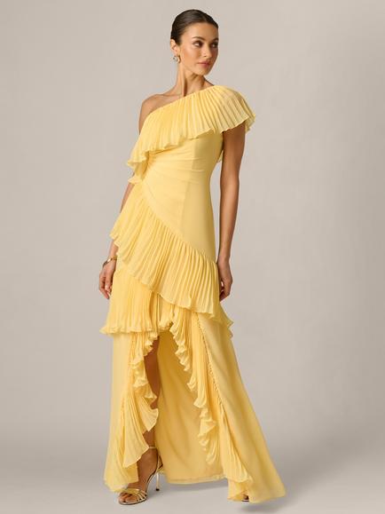 Adrianna By Adrianna Papell Ruffled One Shoulder A-Line Chiffon Maxi Dress, Butter Yellow, Butter Yellow
